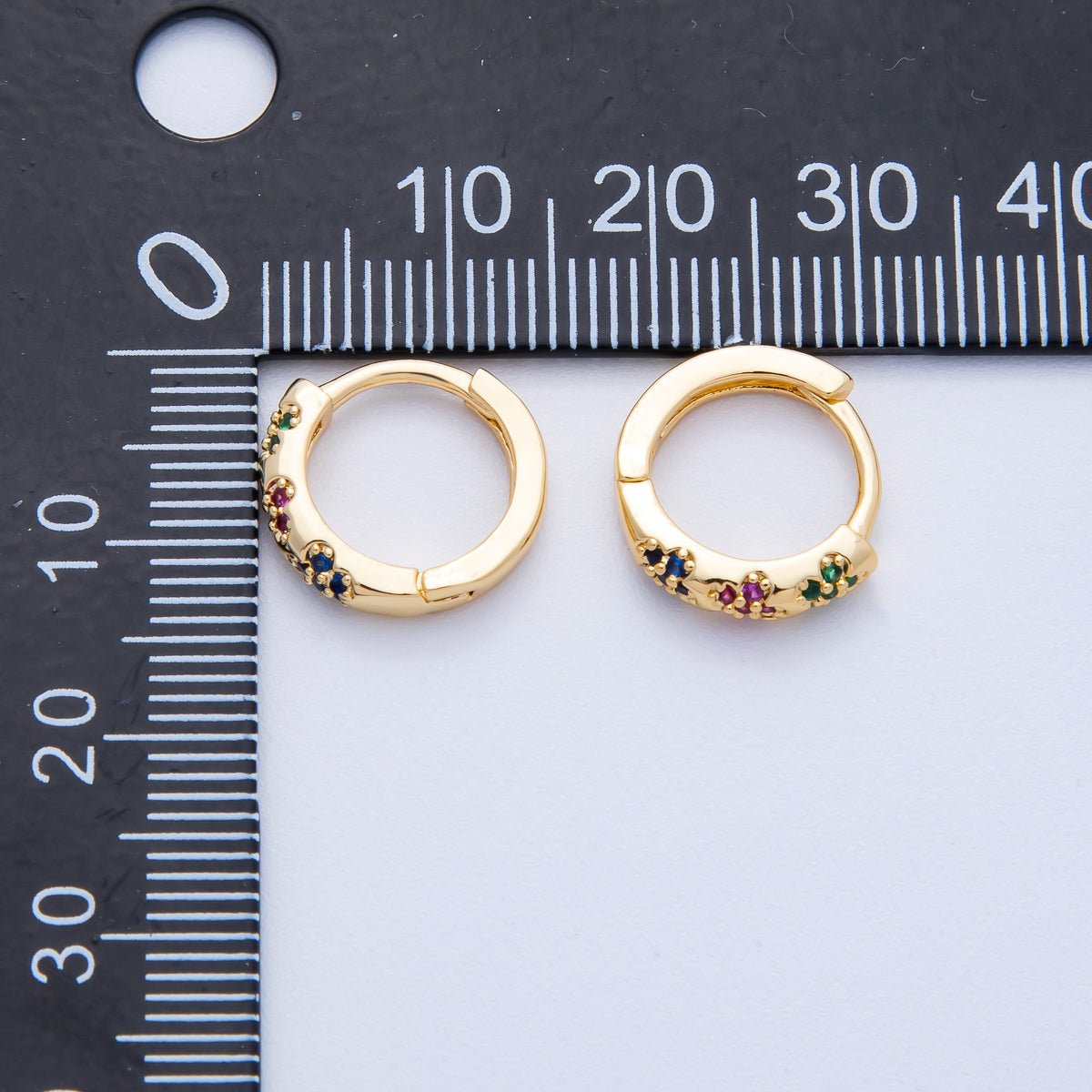 18K Gold Filled 13mm Multicolor Micro Paved CZ Flower Huggie Earrings | Earrings-00057
