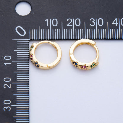 18K Gold Filled 13mm Multicolor Micro Paved CZ Flower Huggie Earrings | Earrings-00057