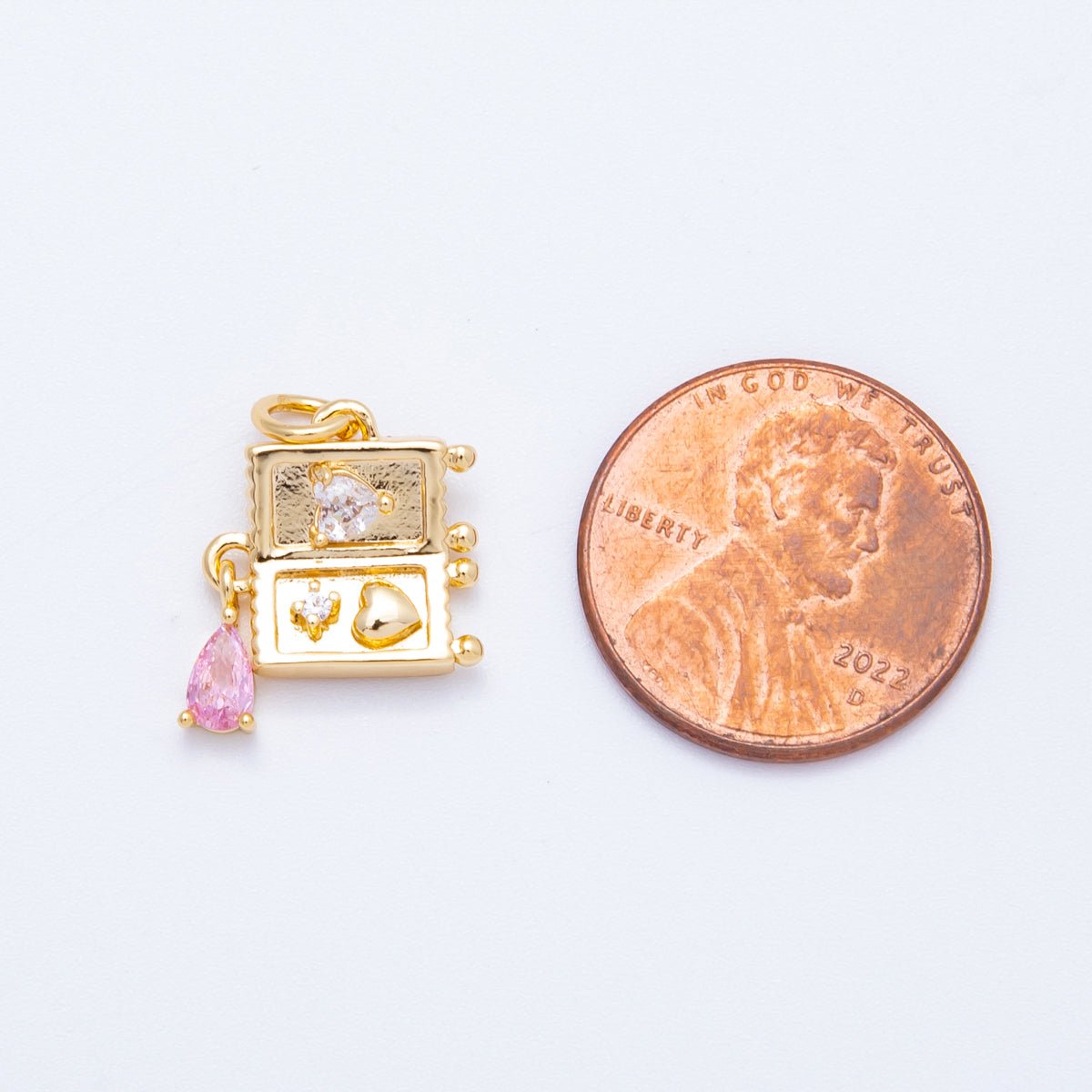 18K Gold Filled 13mm Pink Clear Teardrop CZ Handheld Video Game Console Charm | Charms-00349