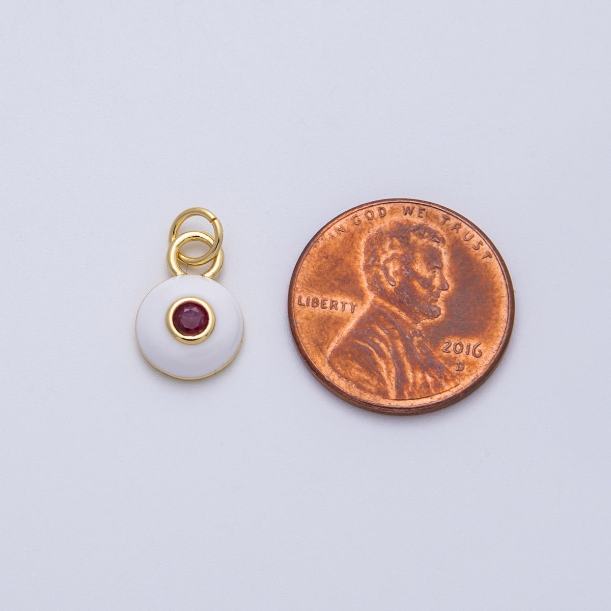 18K Gold Filled 13mm Red CZ White Enamel Bezel Round Mini Charm | Charms-00140