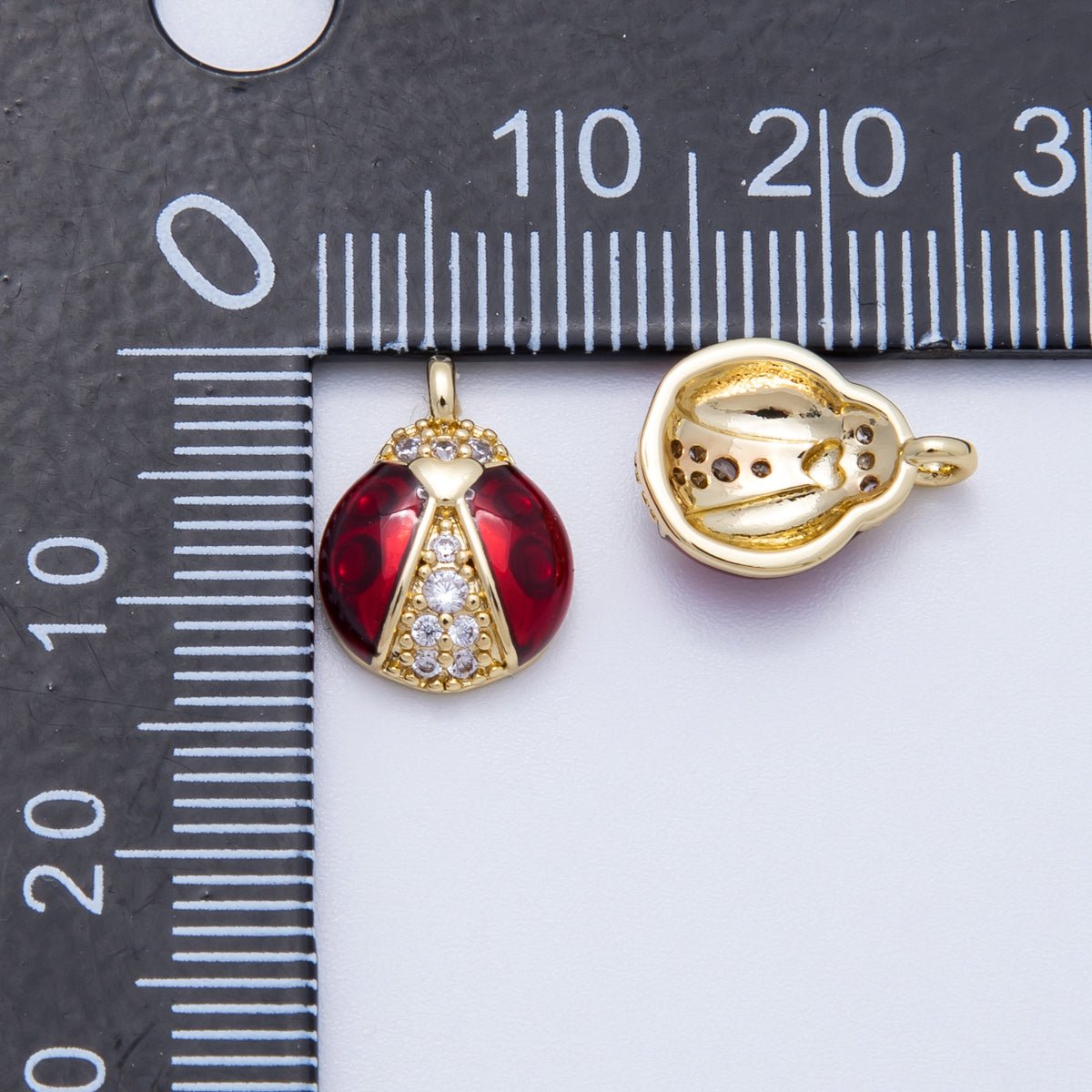 18K Gold Filled 13mm Red Enamel Micro Paved CZ Ladybug Animal Charm | Charms-00347