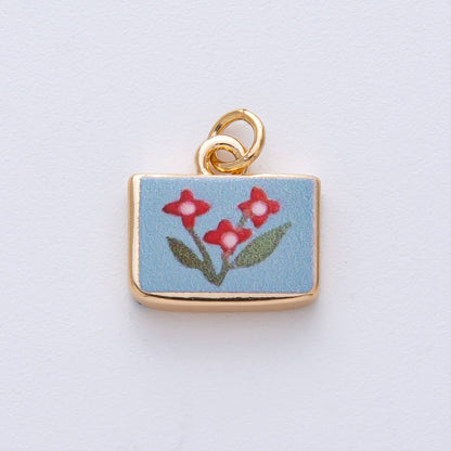 18K Gold Filled 13mm Red Flower Blue Rectangular Charm | AF1609