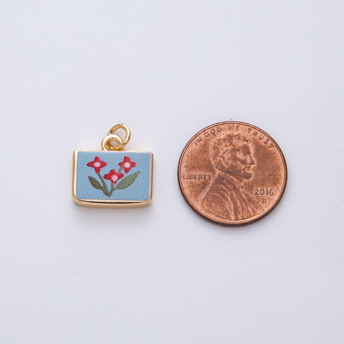 18K Gold Filled 13mm Red Flower Blue Rectangular Charm | AF1609