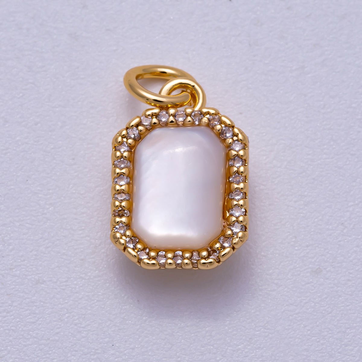 18K Gold Filled 13mm White Shell Pearl Micro Paved CZ Rectangle Bezel Mini Charm | Charms-00552