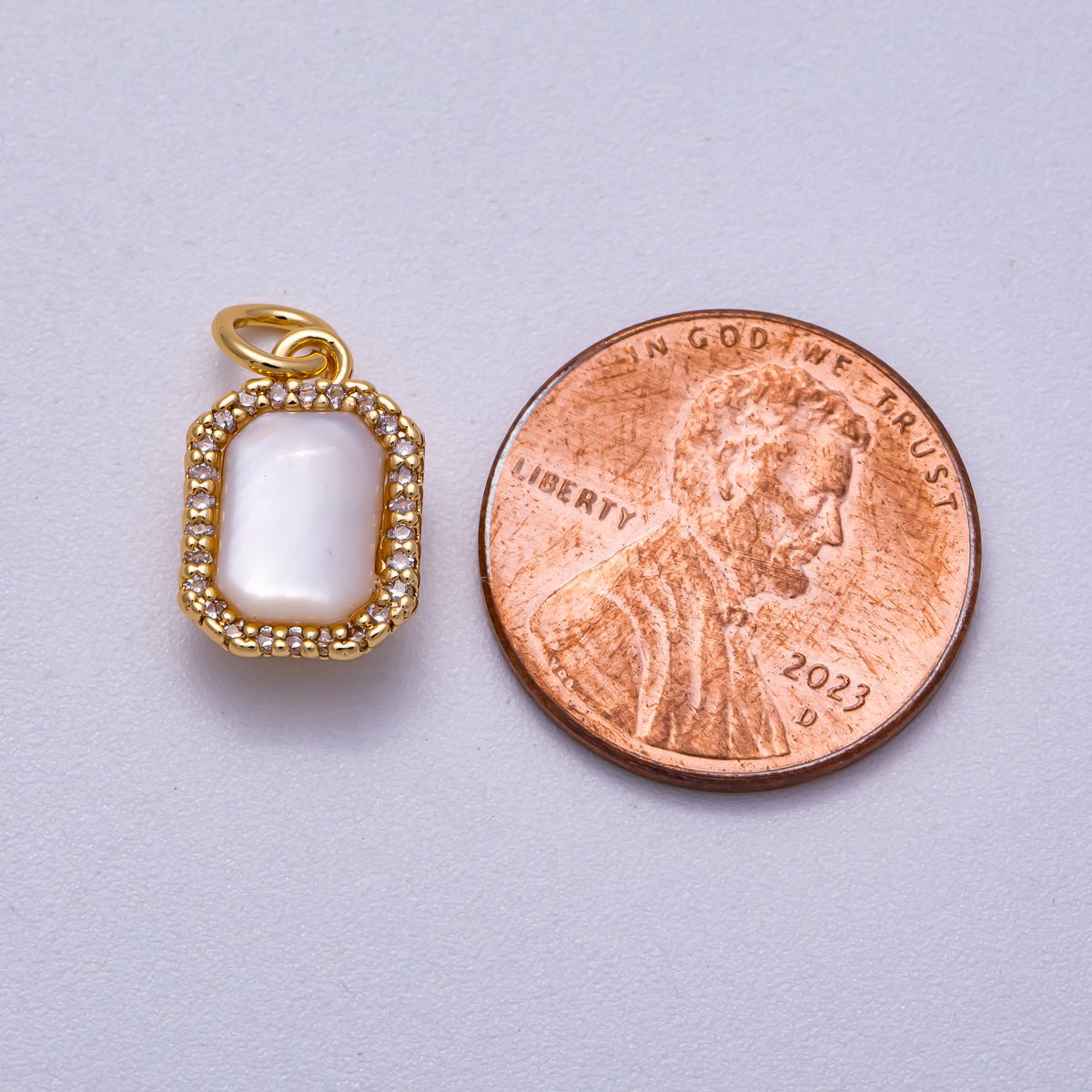 18K Gold Filled 13mm White Shell Pearl Micro Paved CZ Rectangle Bezel Mini Charm | Charms-00552