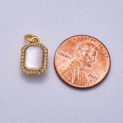 18K Gold Filled 13mm White Shell Pearl Micro Paved CZ Rectangle Bezel Mini Charm | Charms-00552