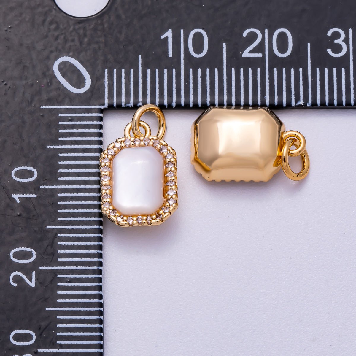 18K Gold Filled 13mm White Shell Pearl Micro Paved CZ Rectangle Bezel Mini Charm | Charms-00552