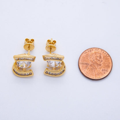 18K Gold Filled 14.5mm Clear CZ Round Baguette Stud Earrings | Earrings-00124