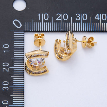 18K Gold Filled 14.5mm Clear CZ Round Baguette Stud Earrings | Earrings-00124
