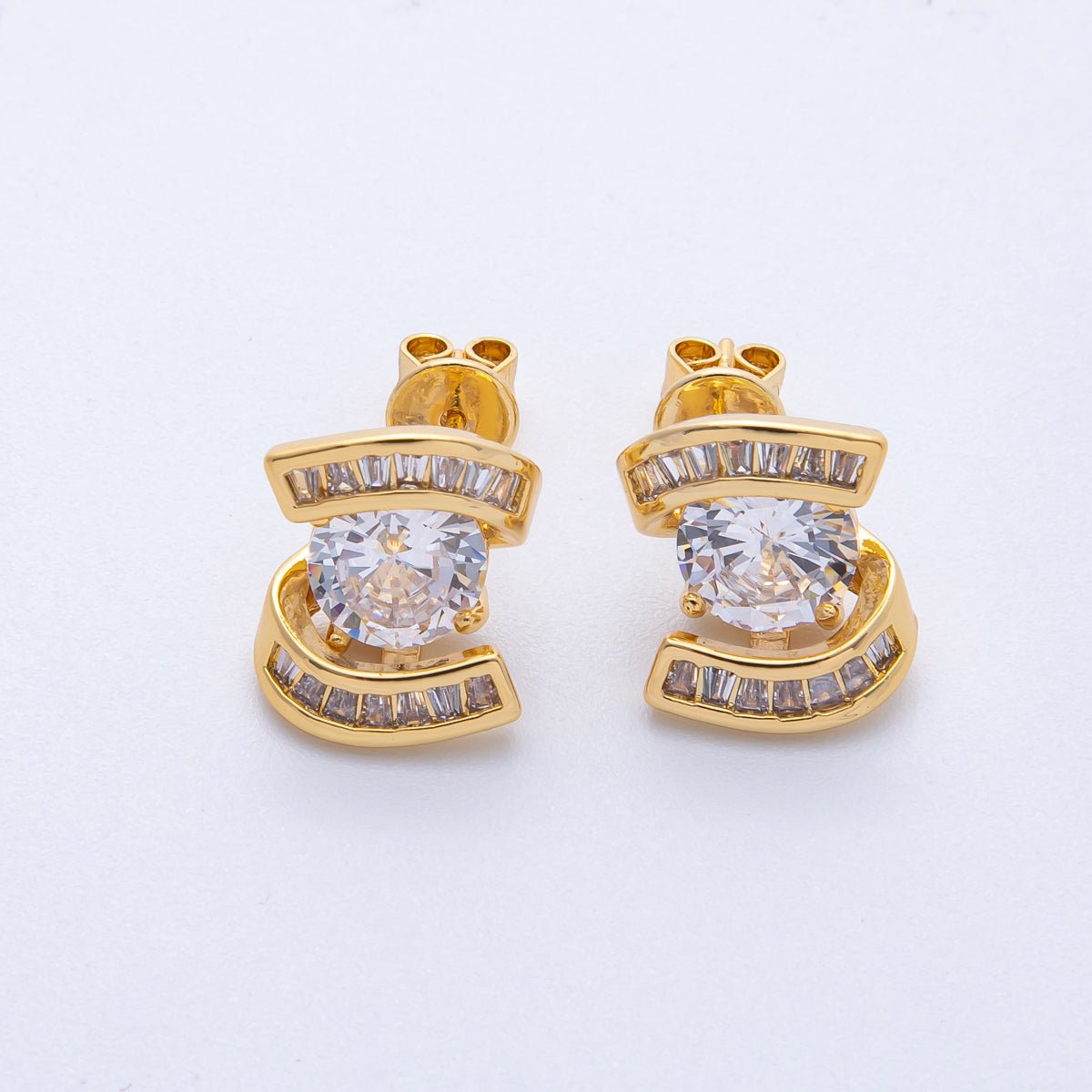 18K Gold Filled 14.5mm Clear CZ Round Baguette Stud Earrings | Earrings-00124