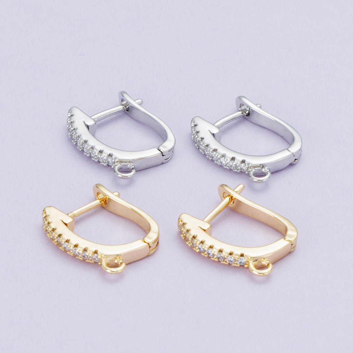 18K Gold Filled 14.5mm Micro Paved CZ U-Shaped Hoop Earrings in Gold &amp; Silver | Findings-00099 Findings-00100