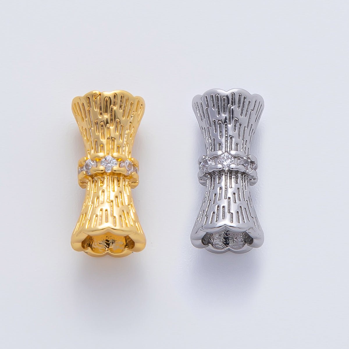 18K Gold Filled 14mm Micro Paved CZ Line-Textured Tube Bead in Gold &amp; Silver | B035
