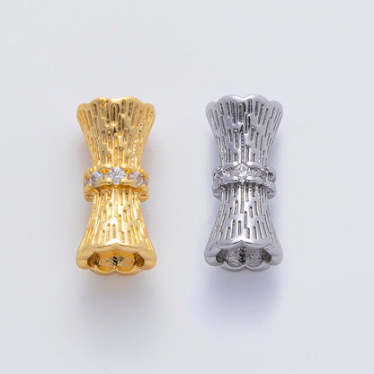 18K Gold Filled 14mm Micro Paved CZ Line-Textured Tube Bead in Gold &amp; Silver | B035