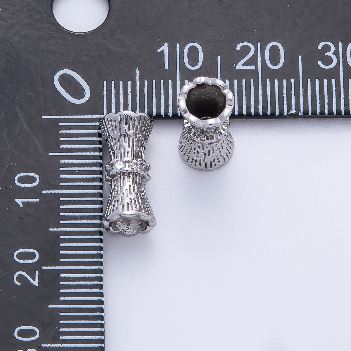 18K Gold Filled 14mm Micro Paved CZ Line-Textured Tube Bead in Gold &amp; Silver | B035