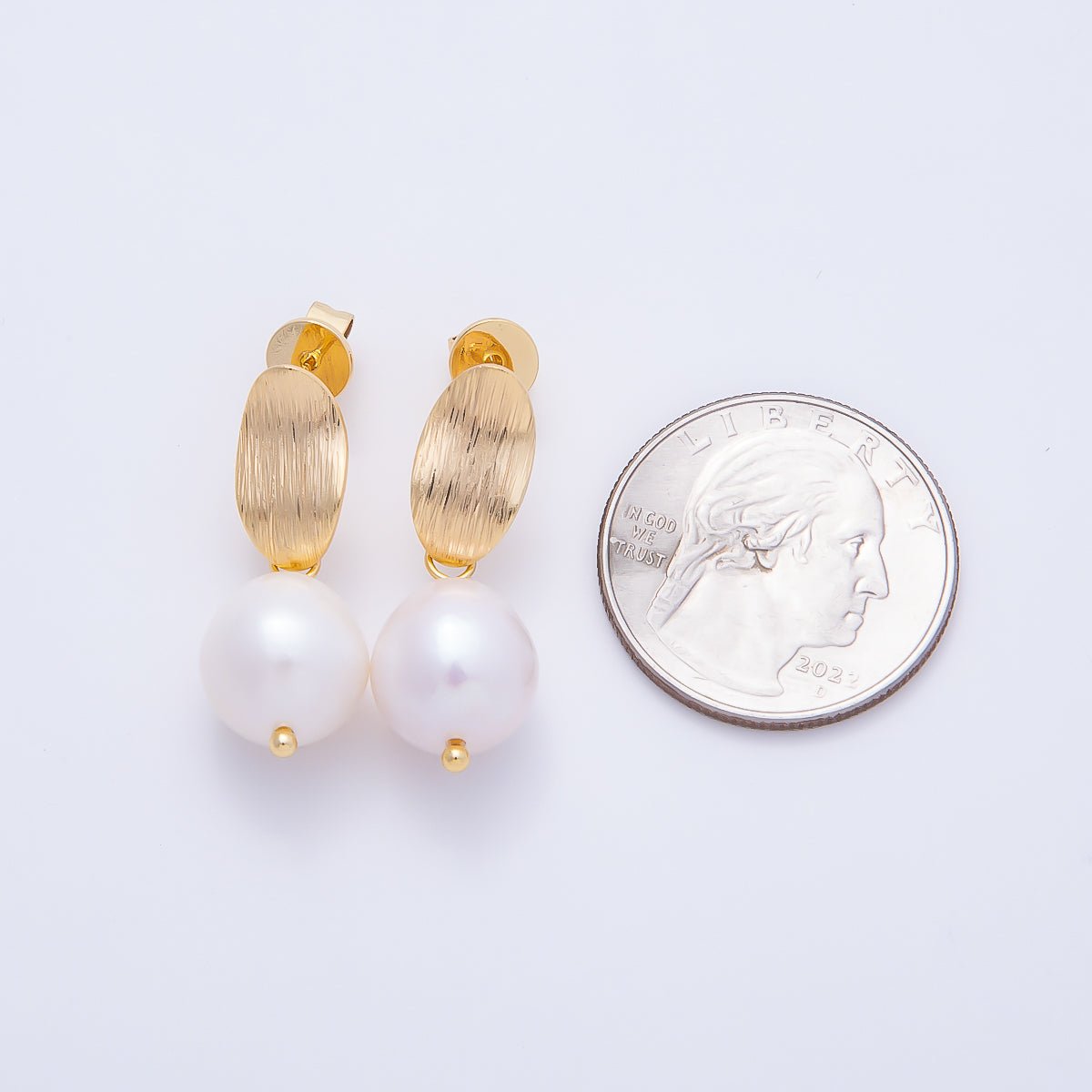 18K Gold Filled 14mm Shell Pearl Round Textured Drop Stud Earrings | Earrings-00468