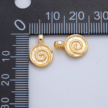 18K Gold Filled 14mm Uzumaki Spiral Coil Swirl Round Clam Textured Mini Charm | AH828
