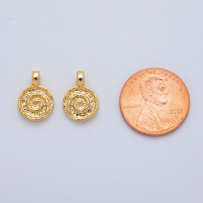 18K Gold Filled 14mm Uzumaki Spiral Coil Swirl Round Clam Textured Mini Charm | AH828