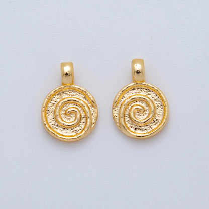 18K Gold Filled 14mm Uzumaki Spiral Coil Swirl Round Clam Textured Mini Charm | AH828