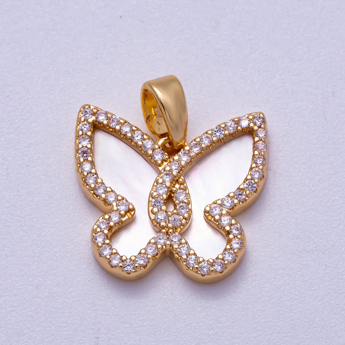18K Gold Filled 14mm White Shell Pearl Micro Paved CZ Butterfly Bezel Mini Pendant | Charms-00550