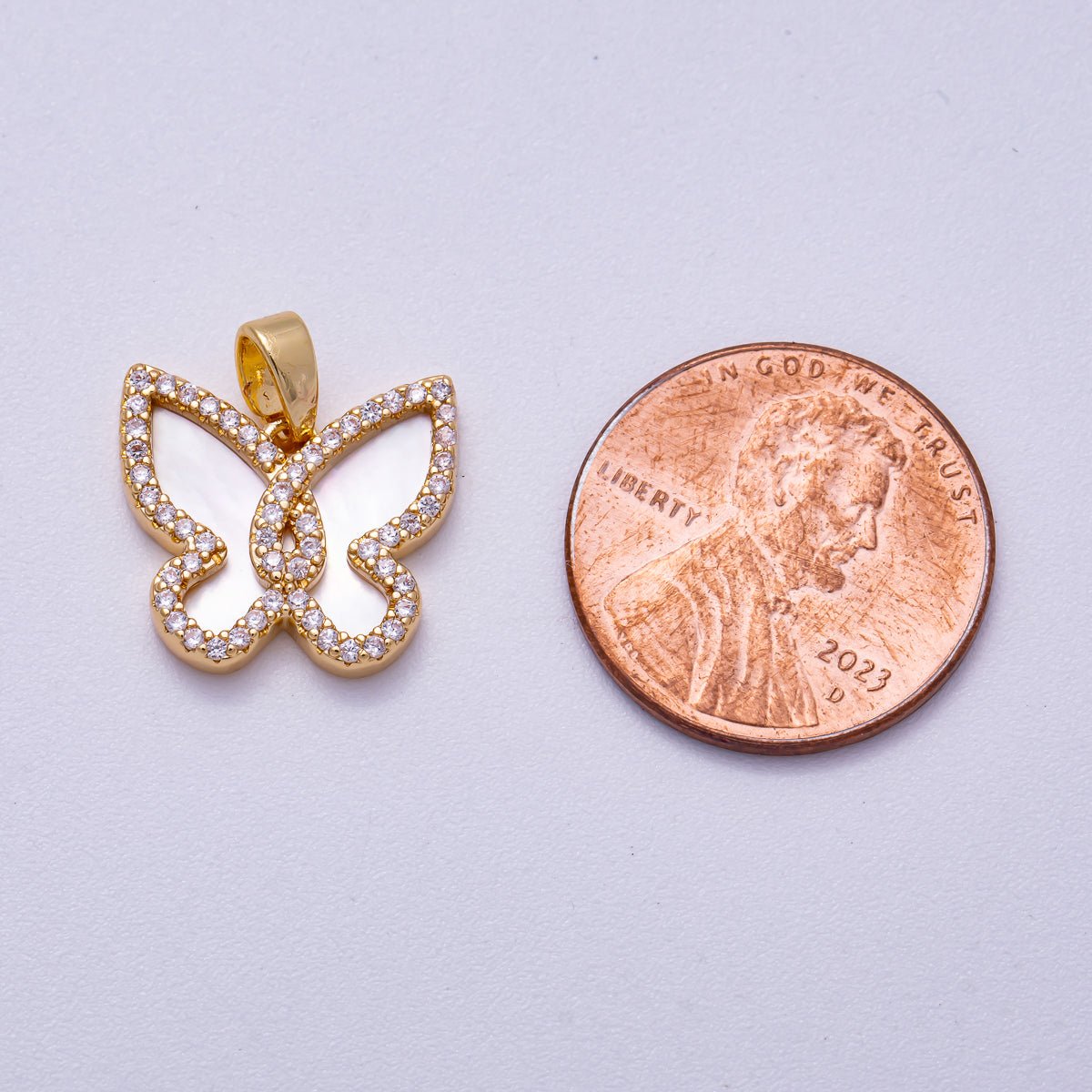 18K Gold Filled 14mm White Shell Pearl Micro Paved CZ Butterfly Bezel Mini Pendant | Charms-00550
