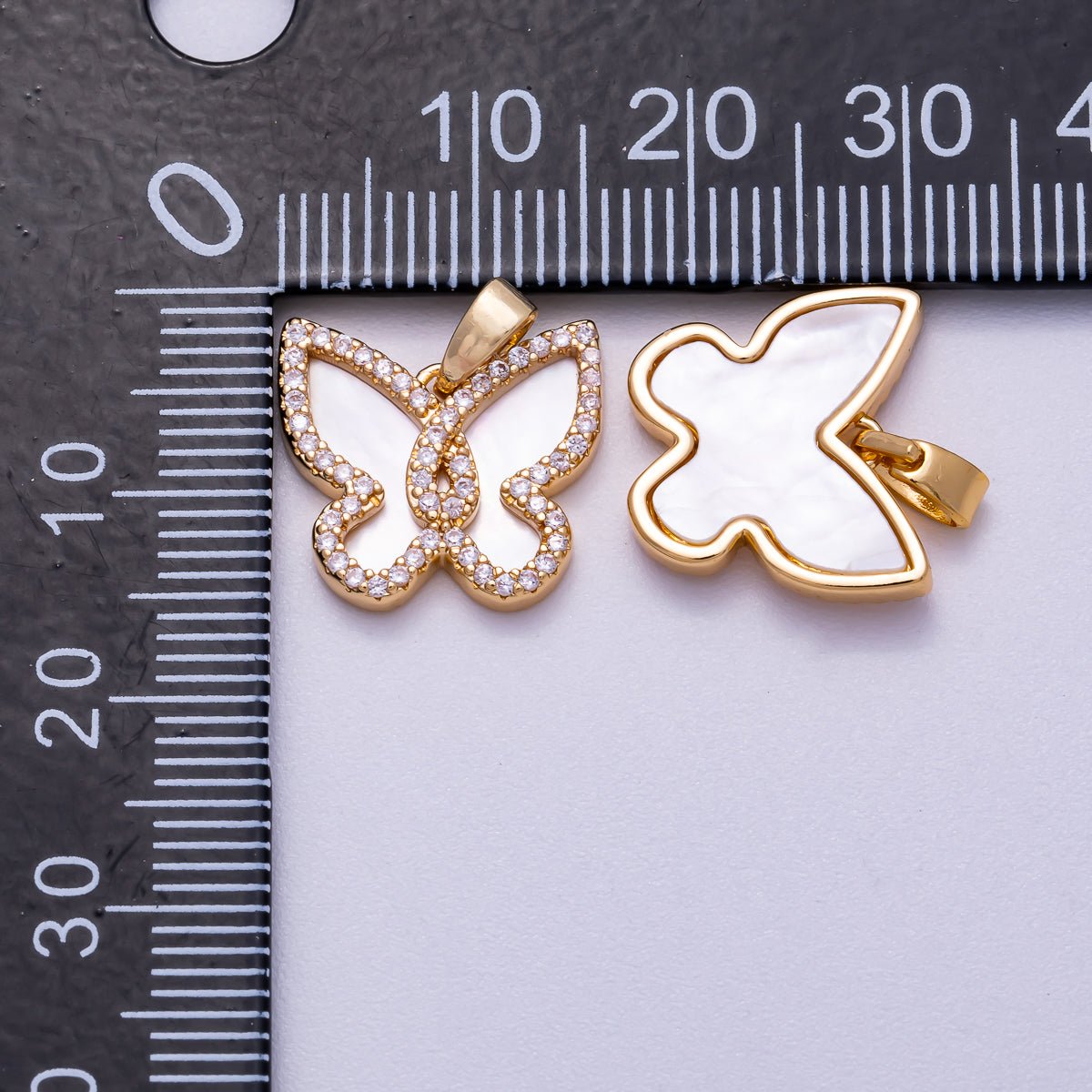 18K Gold Filled 14mm White Shell Pearl Micro Paved CZ Butterfly Bezel Mini Pendant | Charms-00550