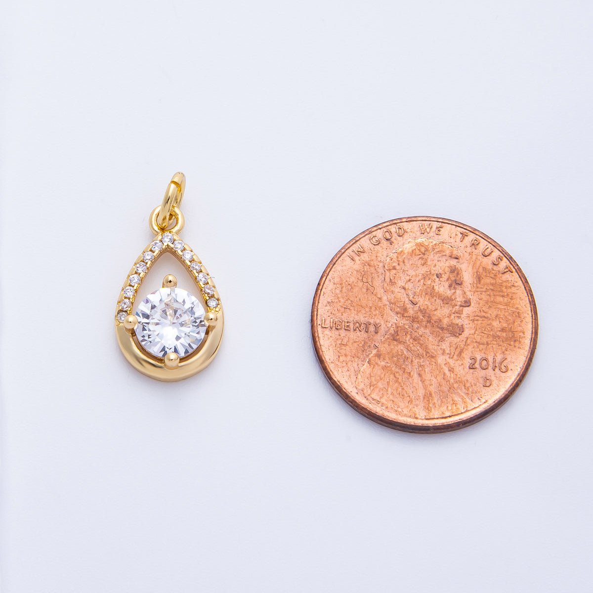 18K Gold Filled 15.5mm Clear Round CZ Micro Paved Open Teardrop Charm | Charms-00412