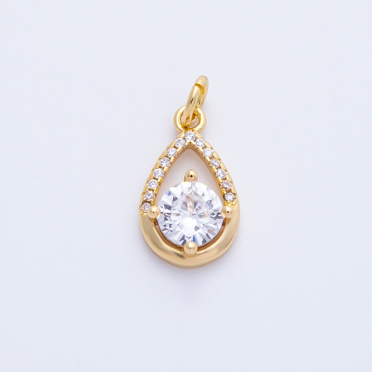 18K Gold Filled 15.5mm Clear Round CZ Micro Paved Open Teardrop Charm | Charms-00412