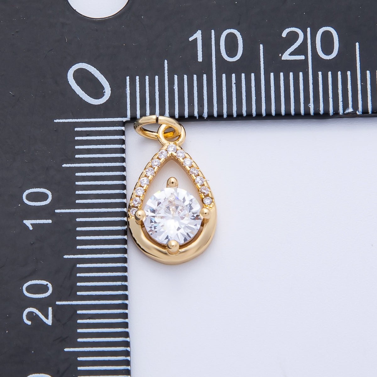 18K Gold Filled 15.5mm Clear Round CZ Micro Paved Open Teardrop Charm | Charms-00412