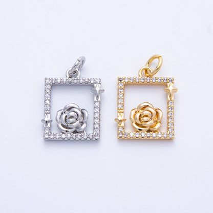 18K Gold Filled 15.5mm Rose Flower Open Micro Paved CZ Rectangle Charm in Gold &amp; Silver | Charms-00375 Charms-00376