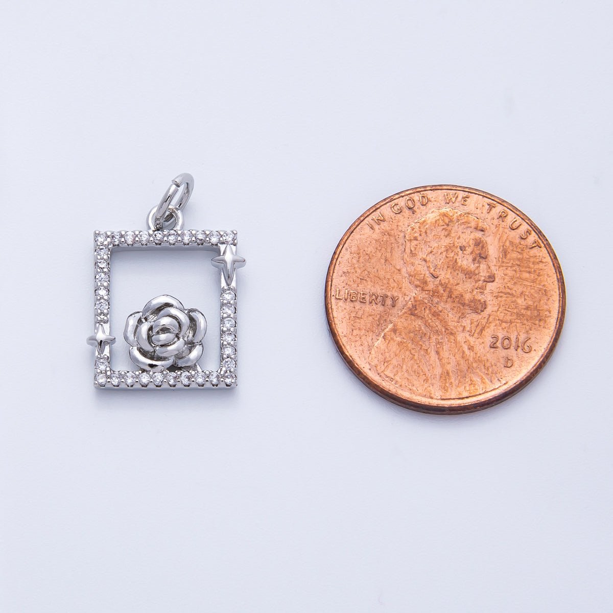 18K Gold Filled 15.5mm Rose Flower Open Micro Paved CZ Rectangle Charm in Gold &amp; Silver | Charms-00375 Charms-00376