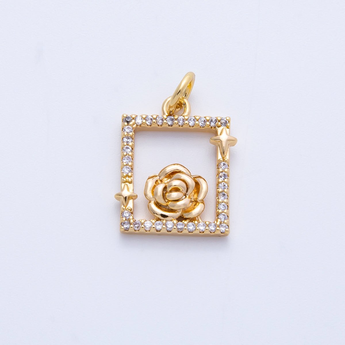 18K Gold Filled 15.5mm Rose Flower Open Micro Paved CZ Rectangle Charm in Gold &amp; Silver | Charms-00375 Charms-00376