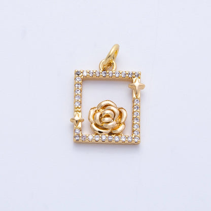 18K Gold Filled 15.5mm Rose Flower Open Micro Paved CZ Rectangle Charm in Gold &amp; Silver | Charms-00375 Charms-00376