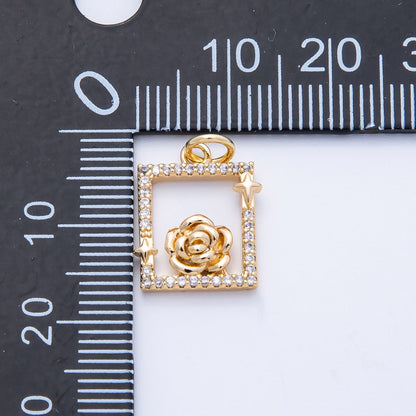 18K Gold Filled 15.5mm Rose Flower Open Micro Paved CZ Rectangle Charm in Gold &amp; Silver | Charms-00375 Charms-00376