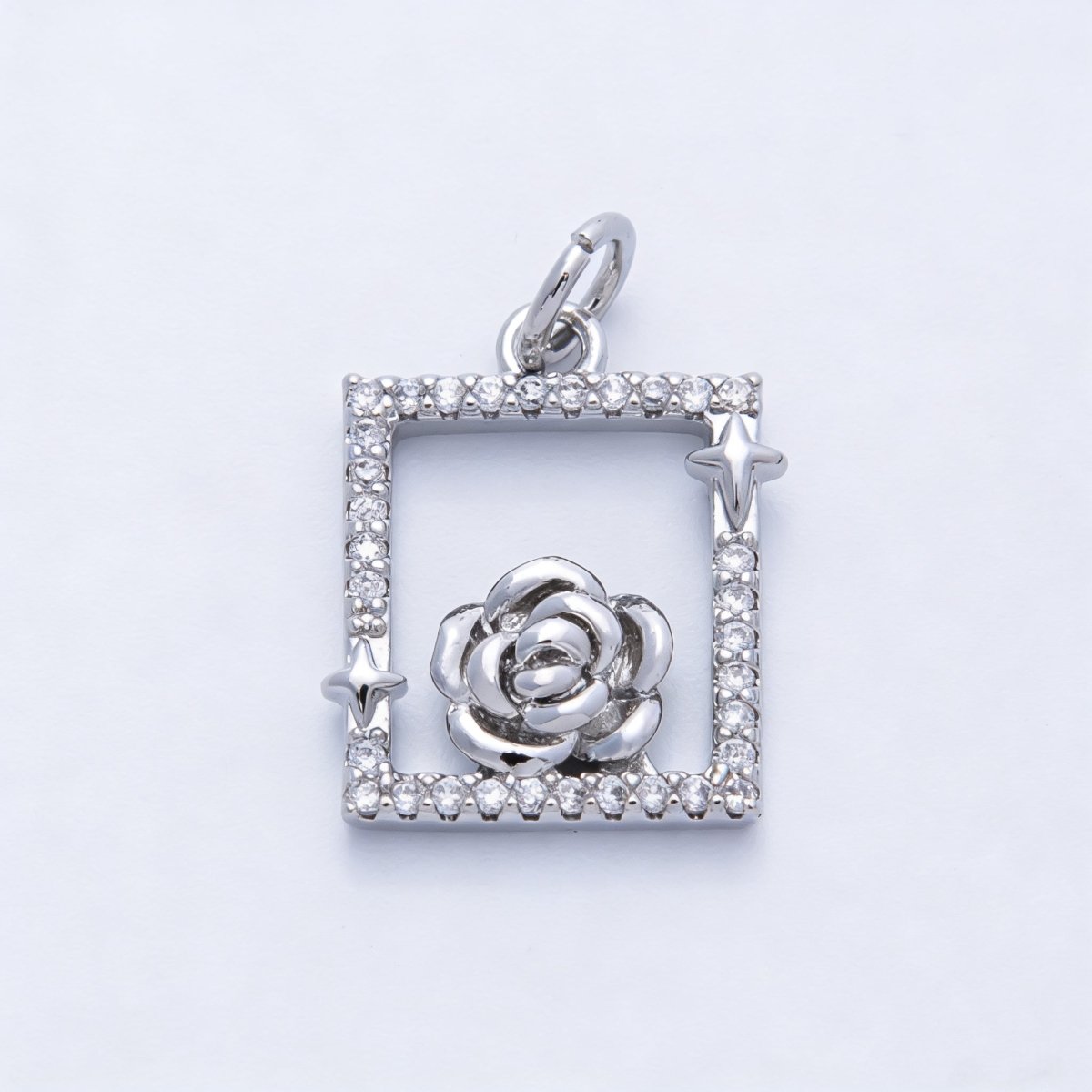 18K Gold Filled 15.5mm Rose Flower Open Micro Paved CZ Rectangle Charm in Gold &amp; Silver | Charms-00375 Charms-00376