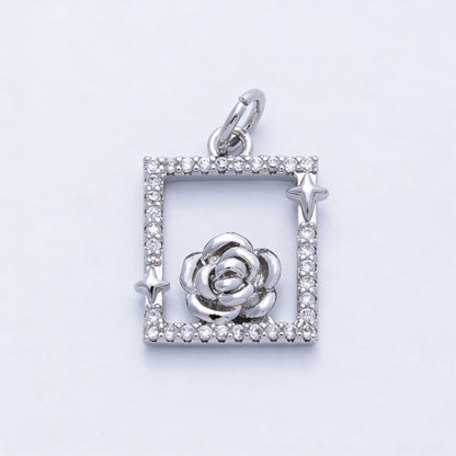 18K Gold Filled 15.5mm Rose Flower Open Micro Paved CZ Rectangle Charm in Gold &amp; Silver | Charms-00375 Charms-00376