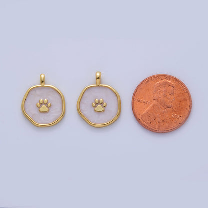 18K Gold Filled 15mm Animal Paw Print White Enamel Round Pendant | AH726