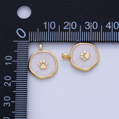 18K Gold Filled 15mm Animal Paw Print White Enamel Round Pendant | AH726