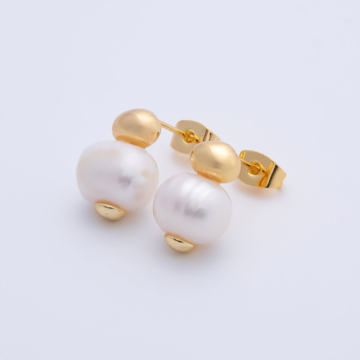 18K Gold Filled 15mm Geometric Round Shell Pearl Drop Studs Earrings | AD1587