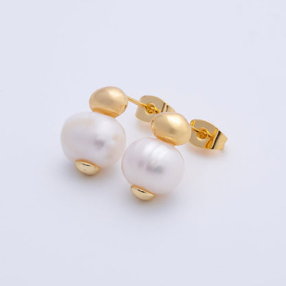 18K Gold Filled 15mm Geometric Round Shell Pearl Drop Studs Earrings | AD1587