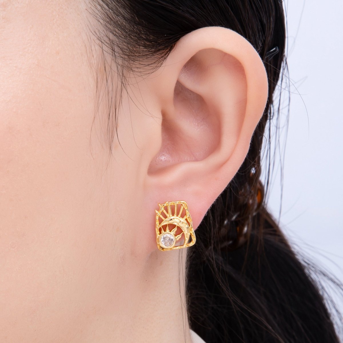 18K Gold Filled 15mm Clear CZ Celestial Sun Moon Molten Rectangle Stud Earrings | Earrings-00238