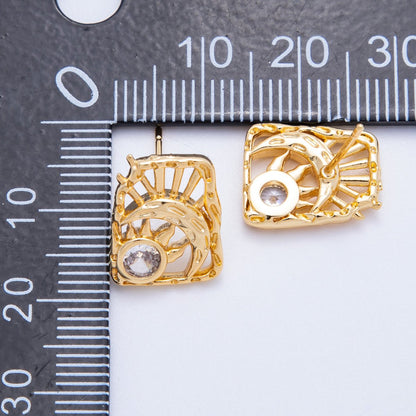 18K Gold Filled 15mm Clear CZ Celestial Sun Moon Molten Rectangle Stud Earrings | Earrings-00238