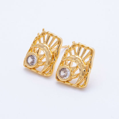 18K Gold Filled 15mm Clear CZ Celestial Sun Moon Molten Rectangle Stud Earrings | Earrings-00238