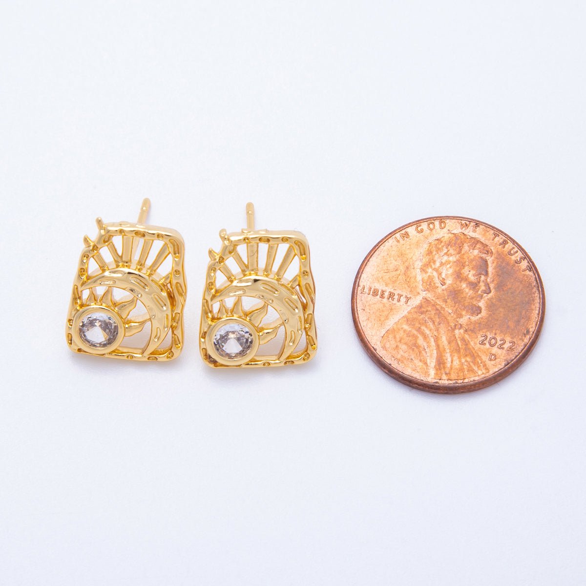 18K Gold Filled 15mm Clear CZ Celestial Sun Moon Molten Rectangle Stud Earrings | Earrings-00238
