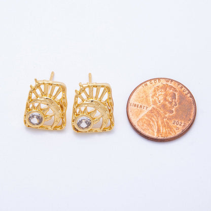 18K Gold Filled 15mm Clear CZ Celestial Sun Moon Molten Rectangle Stud Earrings | Earrings-00238