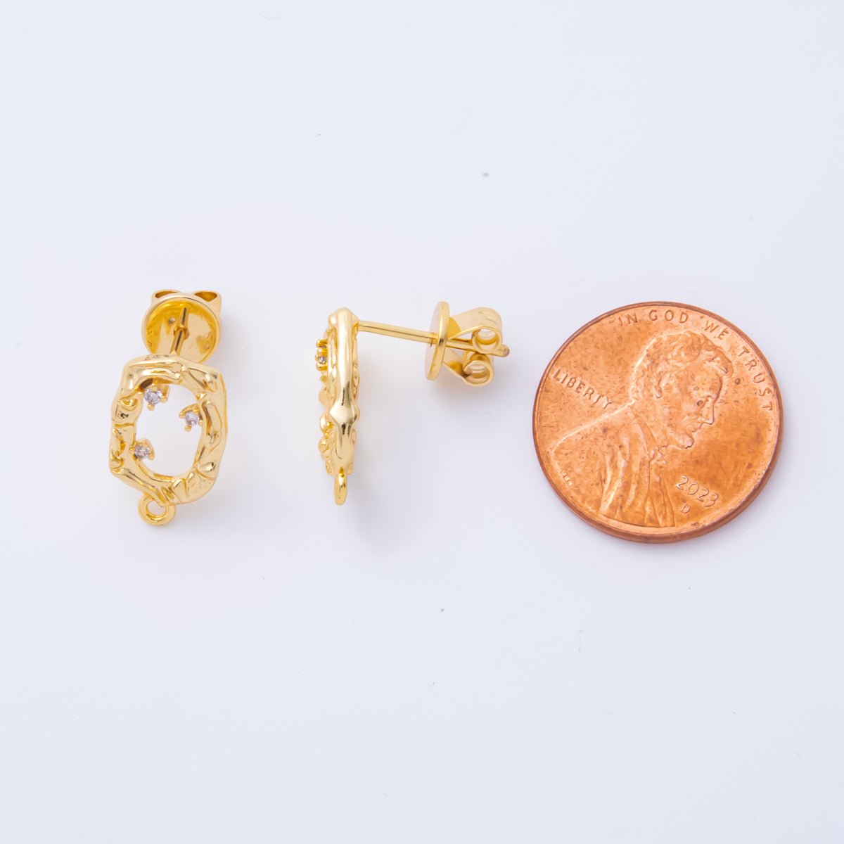 18K Gold Filled 15mm Clear CZ Cluster Open Molten Oval Drop Stud Earrings Findings  with Closed Loop for Charm  | Z1364