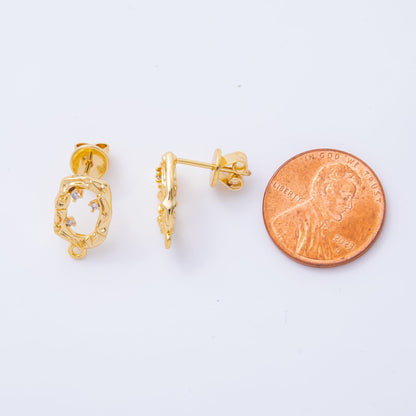 18K Gold Filled 15mm Clear CZ Cluster Open Molten Oval Drop Stud Earrings Findings  with Closed Loop for Charm  | Z1364
