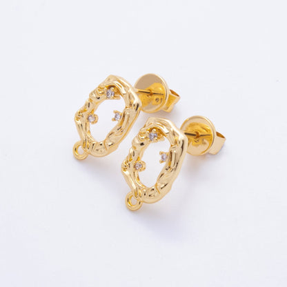 18K Gold Filled 15mm Clear CZ Cluster Open Molten Oval Drop Stud Earrings Findings  with Closed Loop for Charm  | Z1364