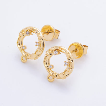 18K Gold Filled 15mm Clear CZ Cluster Open Molten Round Drop Stud Earrings Findings  with Closed Loop for Charm | Z1363
