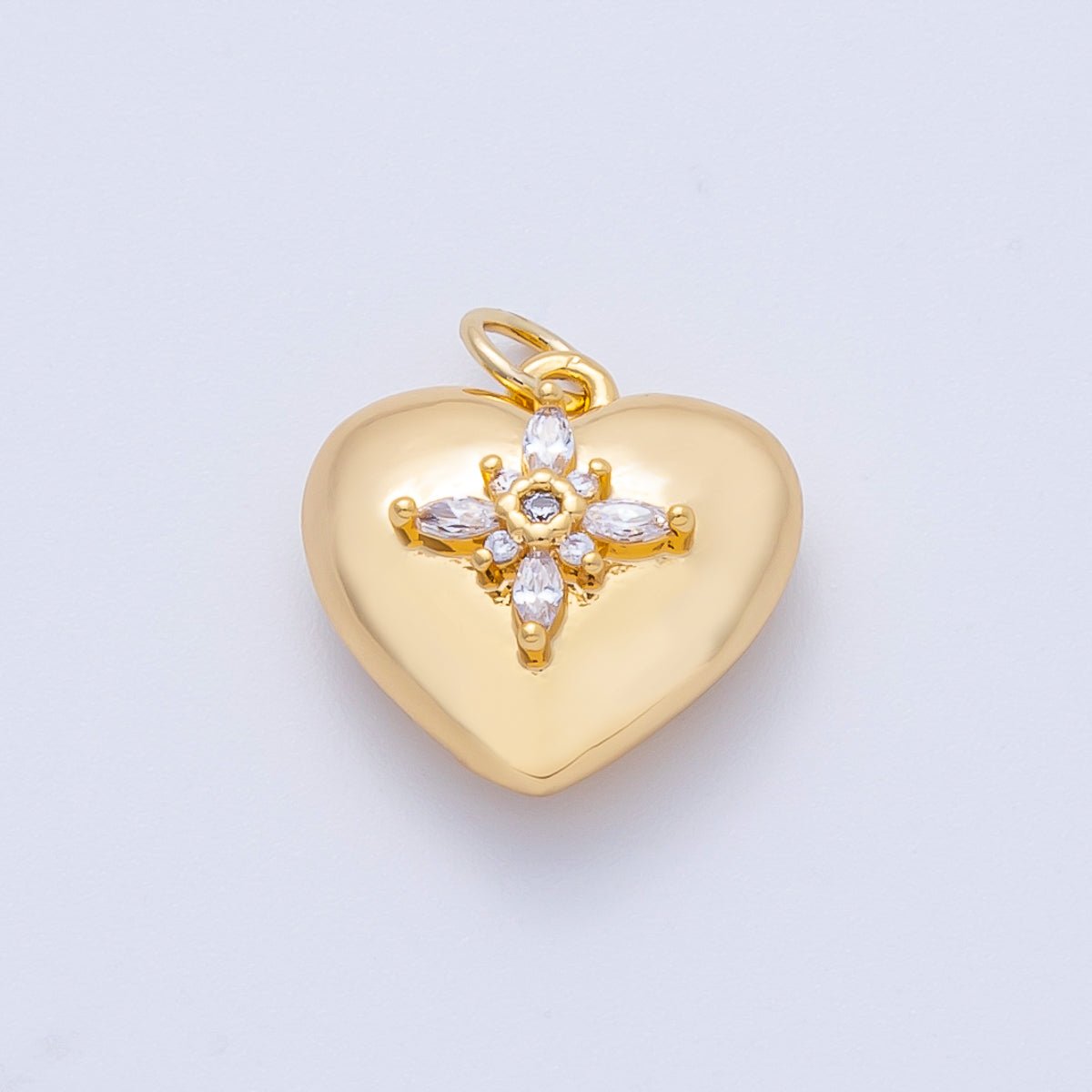 18K Gold Filled 15mm Marquise CZ Cross Starburst Chubby Heart Charm | Charms-00052