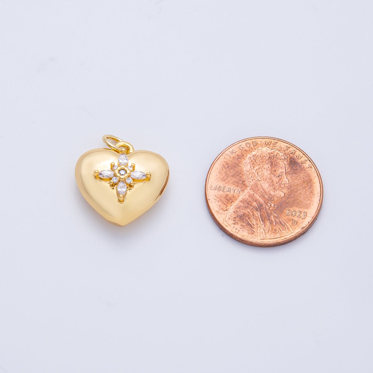 18K Gold Filled 15mm Marquise CZ Cross Starburst Chubby Heart Charm | Charms-00052
